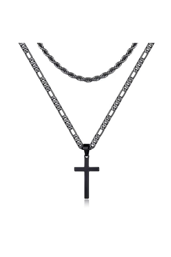 Layered Cross Necklace for Men Layered Rope Chain Figaro Chain Stainless Steel Cross Pendant Necklace for Men Women