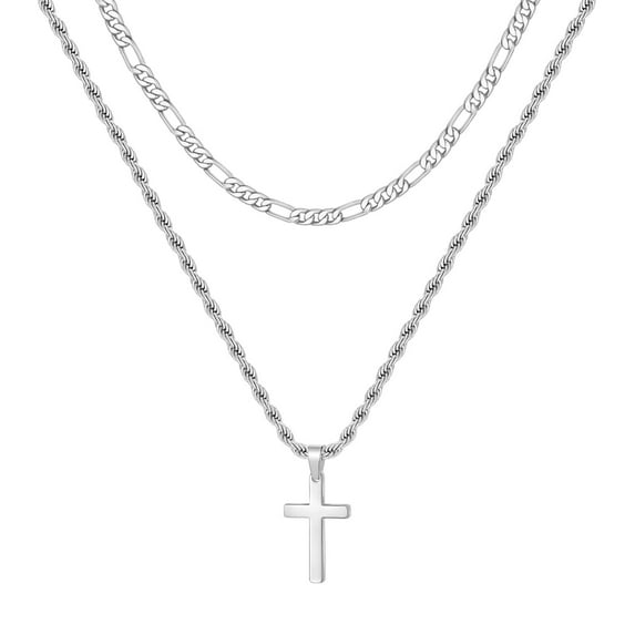 IEFSHINY Layered Cross Necklace for Men Women Stainless Steel Rope Figaro Chain Cross Pendant Necklace Jewelry Gifts