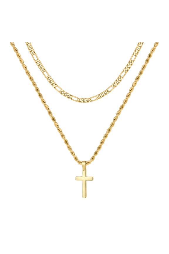 Layered Cross Necklace for Men Women Stainless Steel Rope Figaro Chain Cross Pendant Necklace Jewelry Gifts