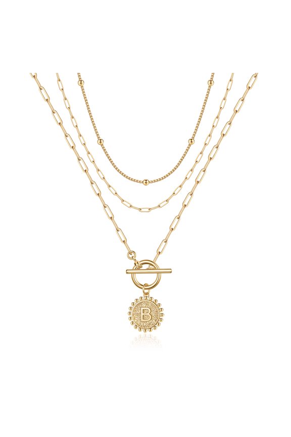 Layered Gold Initial Necklaces for Women Paperclip Link Toggle Clasp Initial Necklaces