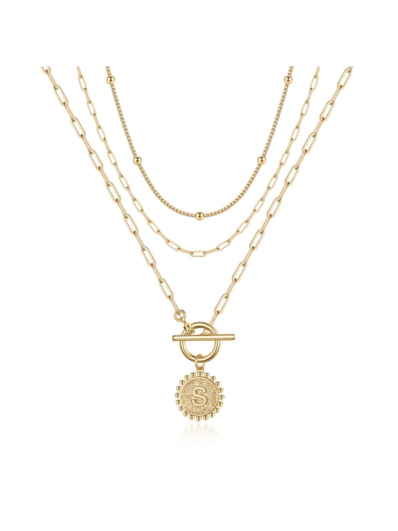 Layered Gold Initial Necklaces for Women Paperclip Link Toggle Clasp Initial Necklaces