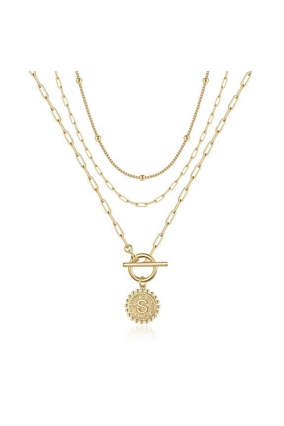 Layered Gold Initial Necklaces for Women Paperclip Link Toggle Clasp Initial Necklaces