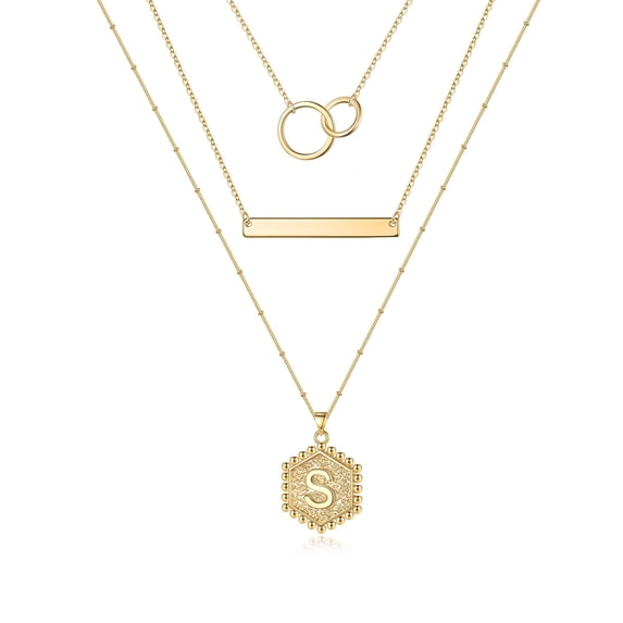 TURANDOSS Layered Initial Necklaces for Women 14K Gold Plated Bar Dainty Hexagon Letter Infinity Circles Necklace for Women Jewelry Gifts