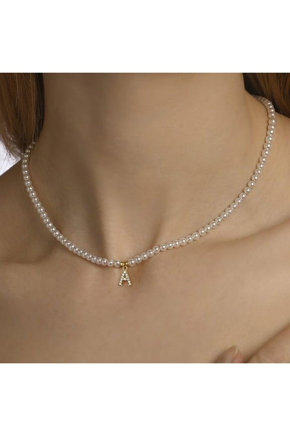 Pearl Initial Necklaces for Women, 16K Gold Plated CZ Initial Pendant 5MM Dainty Round Imitation Pearl Choker Necklace for Women Wedding Gifts