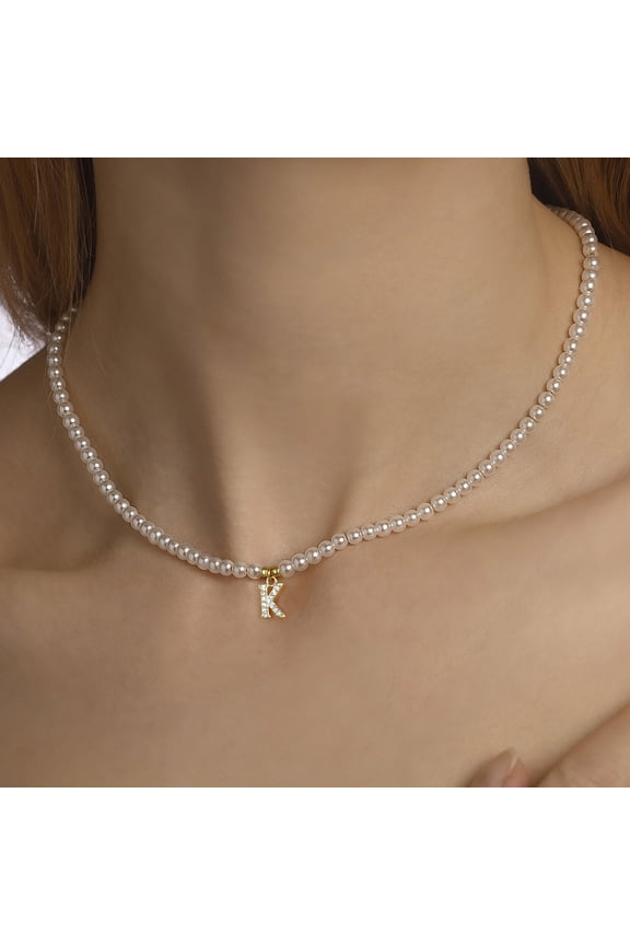 Pearl Initial Necklaces for Women, 16K Gold Plated CZ Initial Pendant 5MM Dainty Round Imitation Pearl Choker Necklace for Women Wedding Gifts