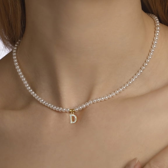 IEFSHINY Pearl Initial Necklaces for Women, 16K Gold Plated CZ Initial Pendant 5MM Dainty Round Imitation Pearl Choker Necklace for Women Wedding Gifts