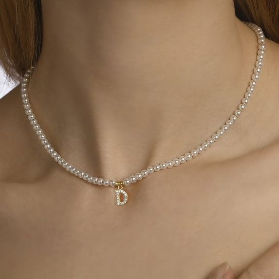 IEFSHINY Pearl Initial Necklaces for Women, 16K Gold Plated CZ Initial Pendant 5MM Dainty Round Imitation Pearl Choker Necklace for Women Wedding Gifts