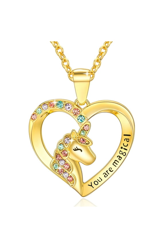 Unicorn Necklace for Women 14K Gold/White Gold Plated Colorful CZ Heart Unicorn Necklace for Women