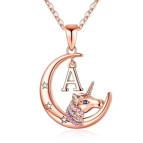 Turandoss Initial Unicorns Necklace for Women 14K Gold Plated Colorful CZ Crescent Moon Pendant Initial Unicorn Jewelry for Women