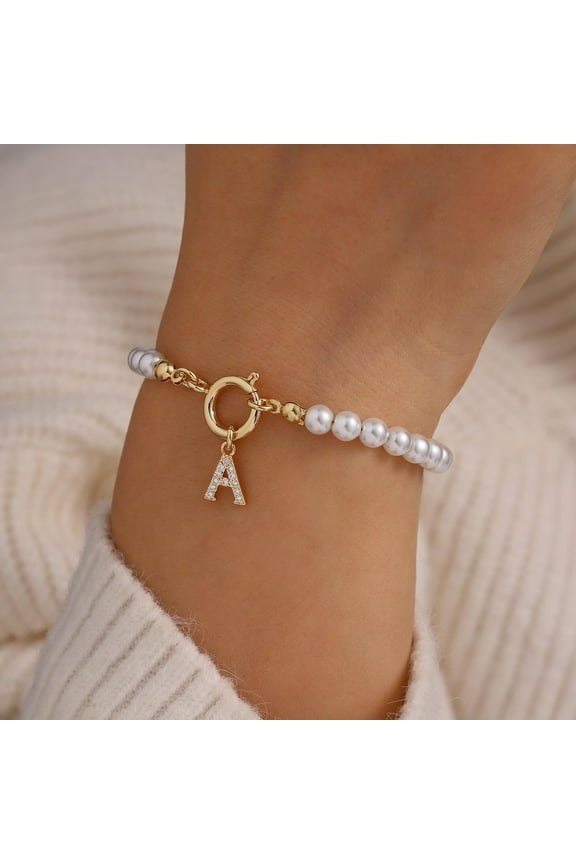 TURANDOSS White, Pearl Inital Bracelet, Gold Plated