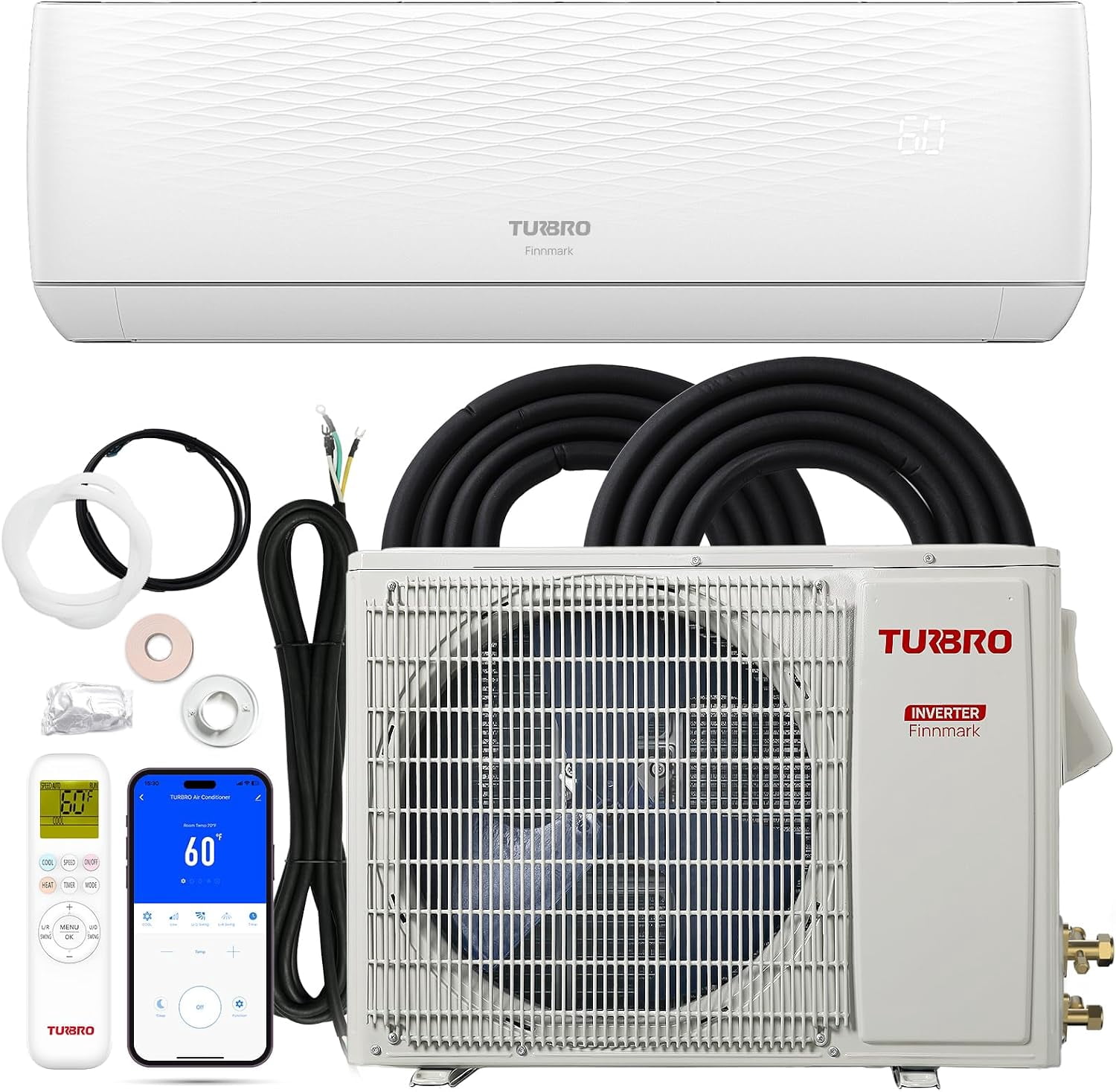 TURBRO 12,000 BTU Ductless Mini Split AC with Heat Pump, 115V Inverter ...
