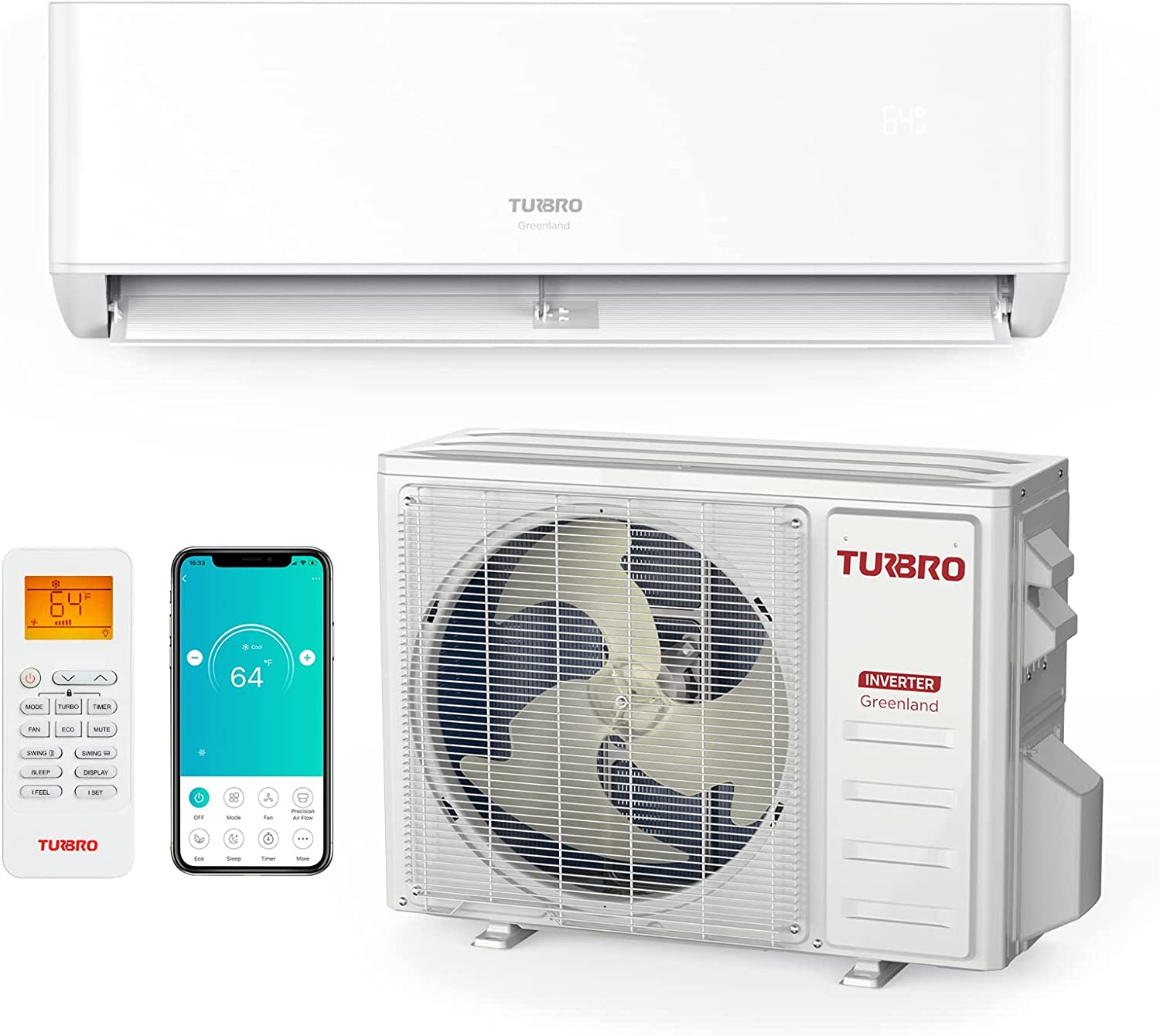 TURBRO 18,000 BTU Ductless Mini Split Inverter AC with Heat Pump, 22 SEER2, 230V, WiFi-Enabled, Cools up to 1,200 Sq.Ft, Energy Star, Greenland Series - image 1 of 7