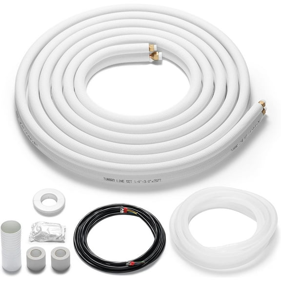 TURBRO 25 Ft. Mini Split Line Set, 1/4" & 3/8" O.D. Copper Pipes Tubing, Thickened PE Insulated Coil Copper Line for Mini Split or Heat Pump Air conditioner and HVAC with Fittings