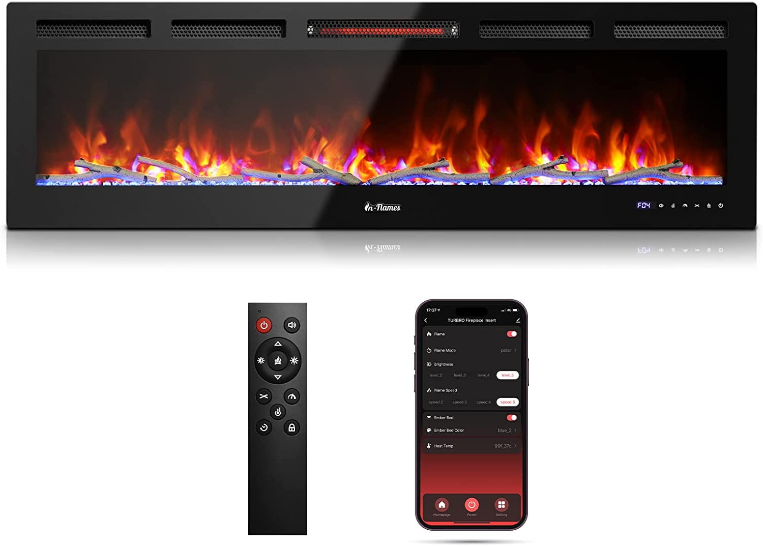 60" Black Tempered Glass Smart WiFi Electric Fireplace