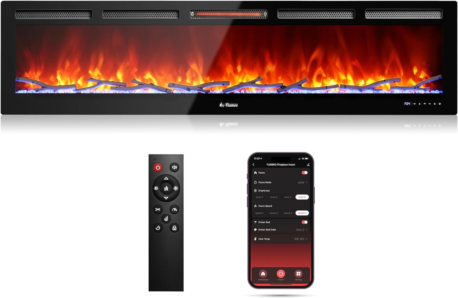 TURBRO 72" Black Tempered Glass Smart WiFi Infrared Electric Fireplace