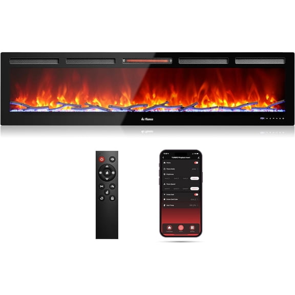 TURBRO 72" Smart WiFi Infrared Electric Fireplace with Sound Crackling and Realistic Flame, 1500W Quartz Heater, Recessed or Wall Mounted, Adjustable Flame Effects, Remote Control and App, in Flames