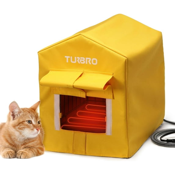 TURBRO Elevated Heated Cat House, Insulated, Weatherproof Shelter for Feral and Outdoor Cats, Self-Adhesive Door Flaps, Heating Pad Bed with 14.7ft Anti-Bite Cord, UL Test Passed, Yellow