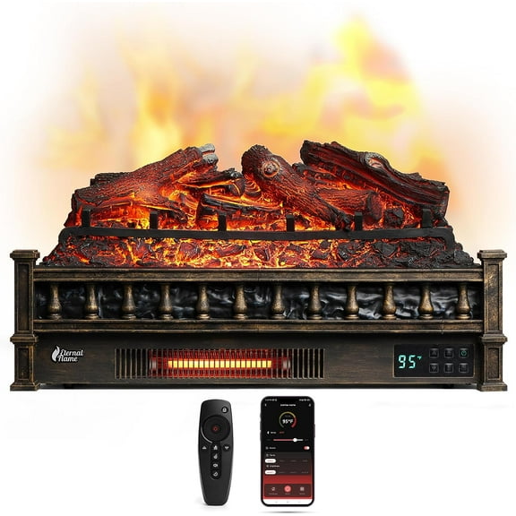 TURBRO Eternal Flame 26 in. WiFi Infrared Quartz Electric Fireplace Log Heater with Sound Crackling, Realistic Lemonwood Logs, Adjustable Flame Colors, Remote Control, Thermostat, Timer, 1500W Bronze