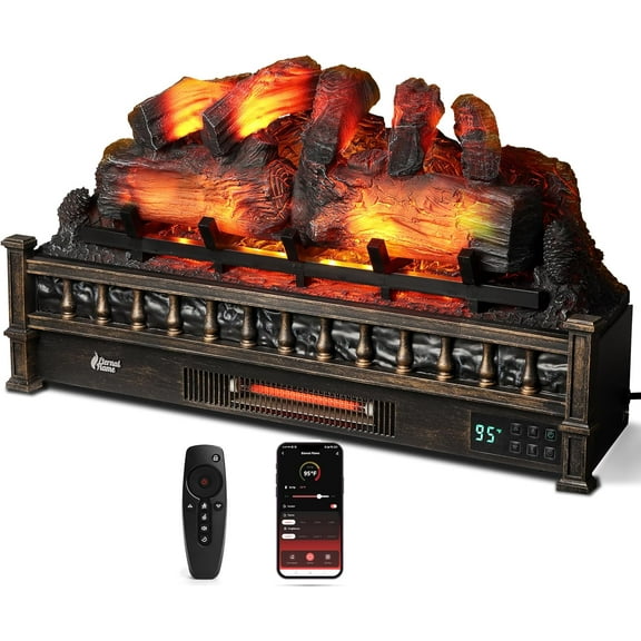 TURBRO Eternal Flame 30 in. WiFi Infrared Quartz Electric Fireplace Log Heater with Sound Crackling, Realistic Pinewood Logs, Adjustable Flame Colors, Remote Control, Thermostat, Timer, 1500W, Bronze