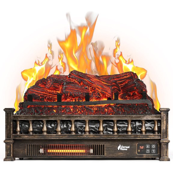 TURBRO Eternal Flame Infrared Electric Fireplace Logs, 23" Remote Control Fireplace Insert Log Heater, Realistic Pinewood Ember Bed, Thermostat, Timer, 1500W Bronze