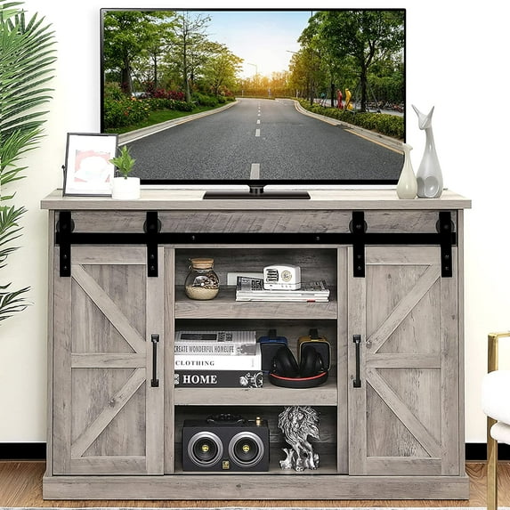 TURBRO Fireside FS48 TV Stand, Supports TVs up to 55", with Farmhouse Style Sliding Barn Door, Entertainment Center and Adjustable Shelves for Living Room Storage, Gray Wash (TV Stand Only)