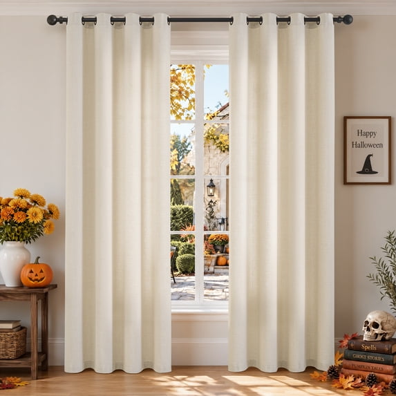 TURCURNO 84 Inch Linen Curtains for Living Room,Light Filtering Bronze Grommet Birch Drapes,Farmhouse Sliding Door Beige Window Curtains,2 Panels
