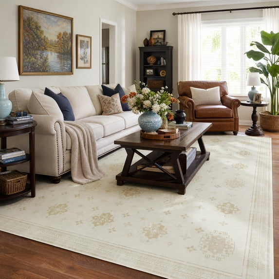 TURCURNO Beige 10x14 Area Rug, Vintage Boho Medallion Large Living Room Rug Washable Non Slip Low Pile Rug Distressed Rug Indoor Retro Carpet for Bedroom Dining Room Office