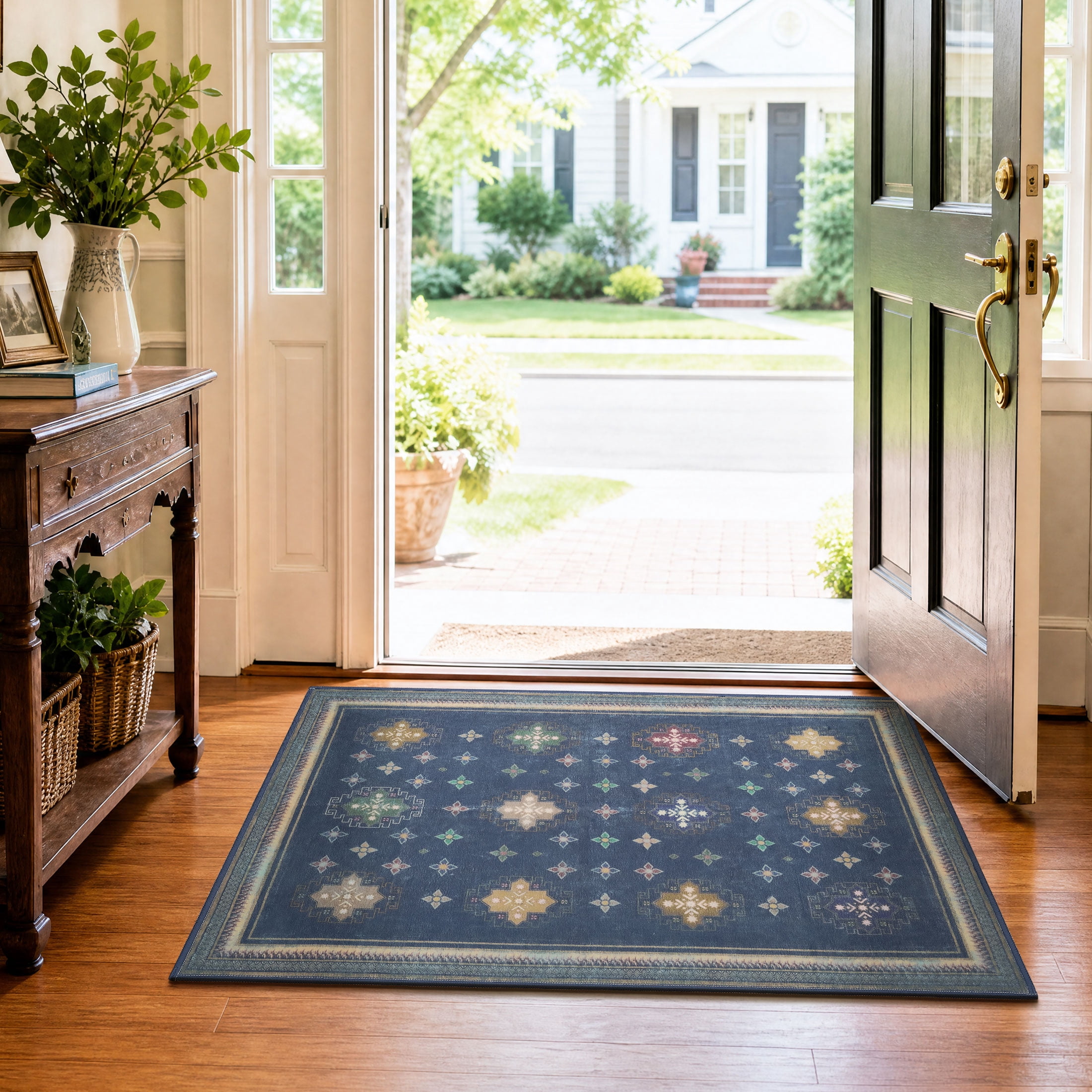 TURCURNO Blue 2x3 Small Area Rugs for Entrance,Farmhouse Boho Four-Pointed Star Rug Non-Slip Entry Rug Front Door Indoor Mats,Machine Washable, Navy