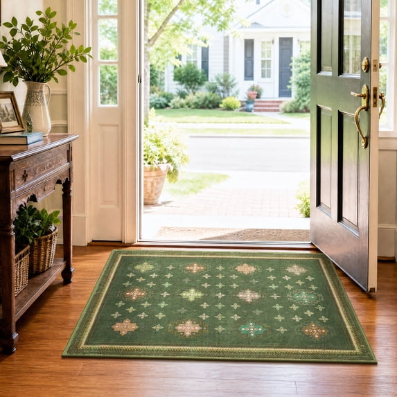 TURCURNO 2x3 Small Area Rug, Vintage Boho Washable Entryway Rug Low Pile Soft Non Slip Rug Distressed Rug Indoor Retro Carpet for Bathroom Kitchen Bedroom, Olive Green