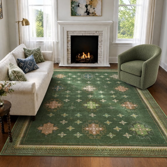 TURCURNO Traditional Medallion 6x9 Area Rugs for Bedroom,Low Pile Non-Slip Standing Mats Washable Durable Vintage Boho Eclectic Home Decor,Olive Green