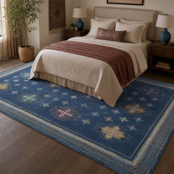 TURCURNO Vintage Geometric 6x9 Midnight Blue Area Rugs, Farmhouse Non-Slip Machine Washable Indoor Carpet for Nursery Kids Living Room