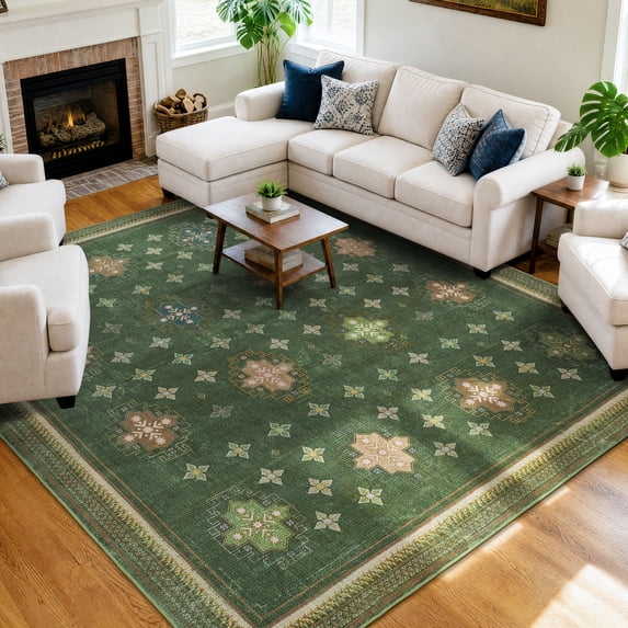 TURCURNO 8x10 Olive Green Area Rugs, Retro Distressed Non-Slip Washable Durable Indoor Rug for Living Room Dining Room