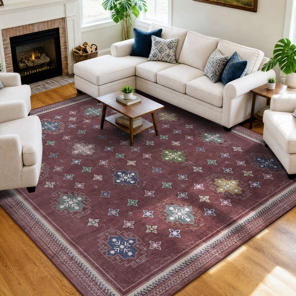 TURCURNO Oriental Vintage 8x10 Vintage Red Area Rugs for Bedroom, Boho Distressed Pet Friendly Non-Slip Washable Indoor Carpets for Office Living Room Dining Room