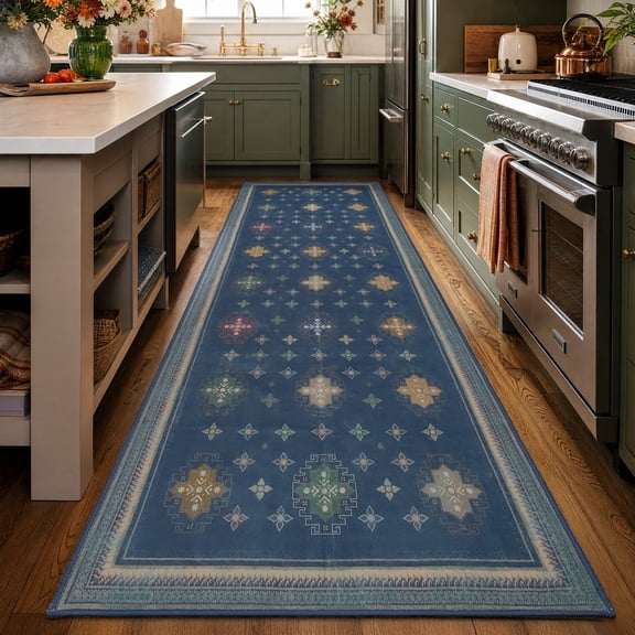 TURCURNO 3x8 Runner Rugs for Laundry,Boho Farmhouse Non Slip Machine Washable Indoor Carpets for Playroom Hallway Living Room, Midnight Blue