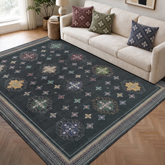 TURCURNO Persian 5x7 Area Rugs for Living Room,Traditional Distressed Low Pile Non-Slip Carpets for Office Bedroom Dining Room,Black
