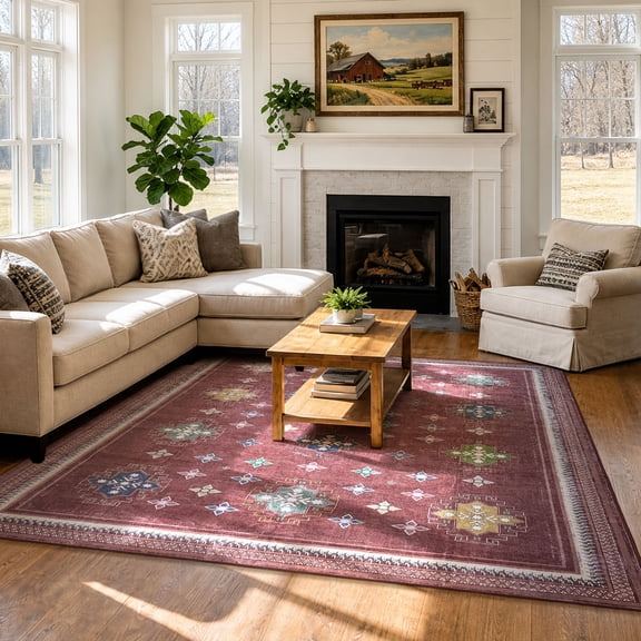 TURCURNO Traditional Geometric 4x6 Vintage Red Area Rugs for Living Room, Boho Vintage Distressed Low Pile Soft Non-Slip Washable Indoor Rugs for Bedroom Laundry Office