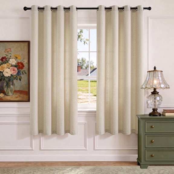 TURCURNO Light Filtering Linen Curtains for Bedroom Cabin Closet,Semi Sheer Cream Drapes Bronze Grommet Farmhouse Curtains,Natural,2 Panels,52"x72"
