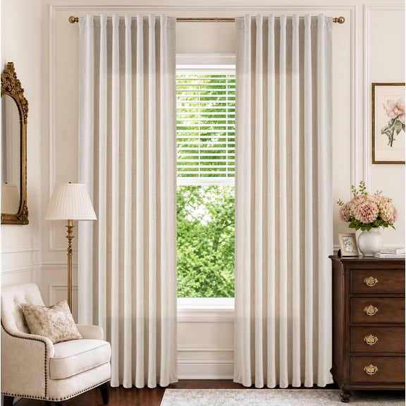 TURCURNO Natural Beige Semi Sheer Linen Curtains, Light Filtering Back Tab Drapes, Privacy Burlap Drapes for Living Room Bedroom, 84 Inch, 2 Panels
