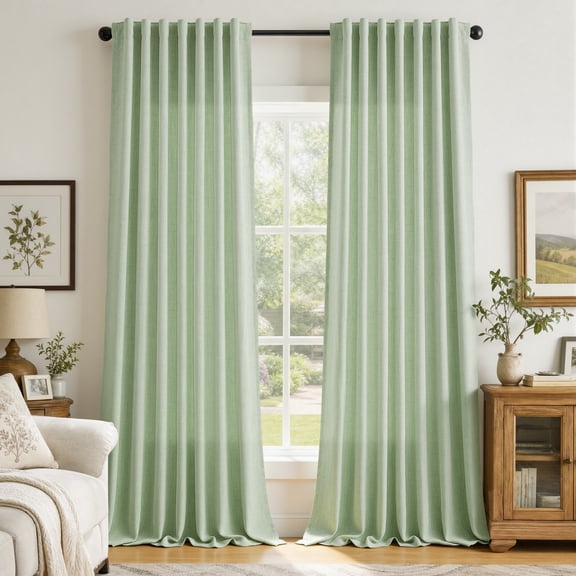 TURCURNO Semi Sheer Linen Curtains for Living Room, Light Filtering Drapes for Large Windows, Back Tab Pocket, Sage Green, 52"x108", 2 Panels
