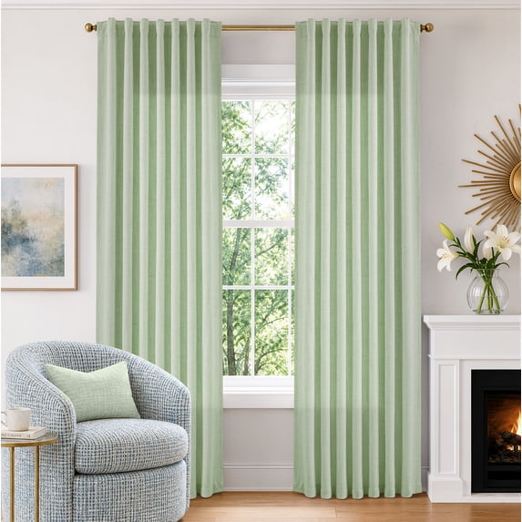 TURCURNO Semi Sheer Linen Curtains, Light Filtering Back Tab Drapes 2 Panels Set, Boho Window Treatment Panels for Study Room Living Room, Olive Green, 52"x90"