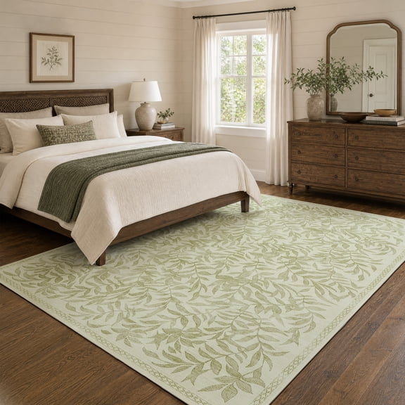 TURCURNO Washable Bedroom Rugs 5x7 Cream Green Botanical Willow Leaf Print Area Rugs for Living Room Non Slip Soft Low Pile Neutral Boho Farmhouse Rugs