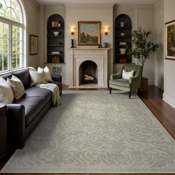 TURCURNO Washable 6x9 Area Rug for Living Room,Soft Low Pile Stain Resistant Rugs Vintage Willow Leaf Neutral Beige Grey Boho Farmhouse Bedroom Area Rug