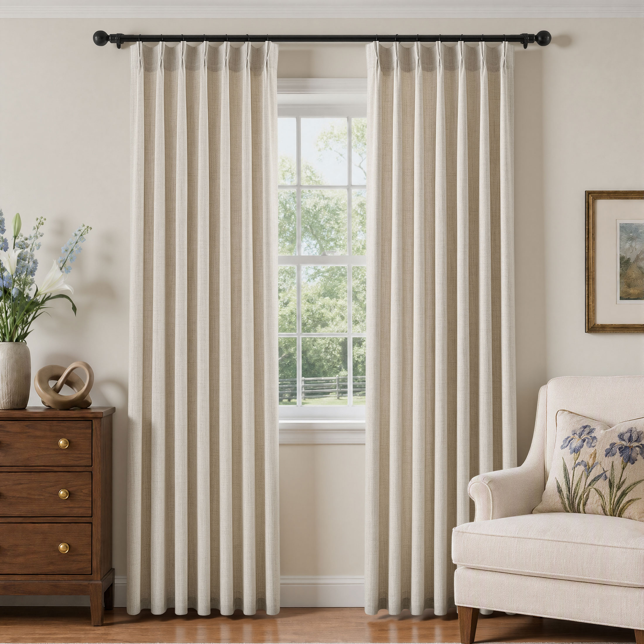 TURCURNO Memory Trained Pinch Pleat Linen Curtains for Living Room, 84 Inch Length 2 Panels Set Soft Textured Light Filtering Cream Curtains, Natural