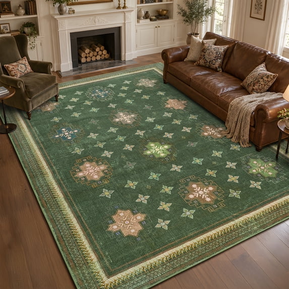TURCURNO Non-Slip 6x9 Area Rugs for Bedroom,Vintage Geometric Star Medallions Rug Eclectic Home Decor,Washable Traditional Low Pile Mats,Olive Green