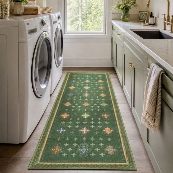 TURCURNO Stain Resistant 2x6 Runner Rugs Beside Bed,Four-Pointed Star Geometric Motifs Laundry Rug,Non Slip Washable Indoor Rugs for Kitchen Entryway Hallway,Olive Green