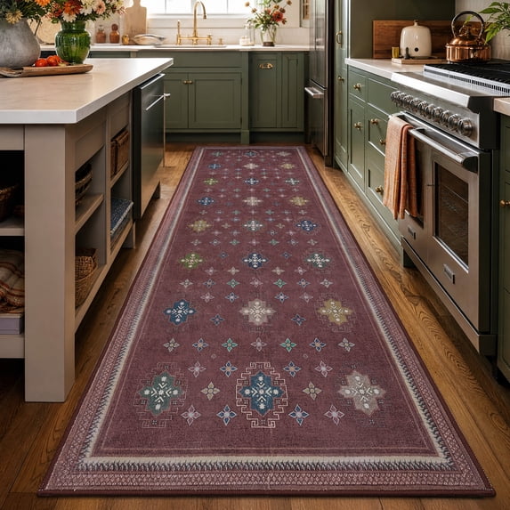 TURCURNO Washable 3x8 Long Runner Rugs for Laundry,Vintage Geometric Star Medallions Rug,Non Slip Small Throw Low Pile Indoor Rugs for Hallway,Oriental Rug Kitchen Accessories,Red