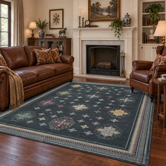 TURCURNO Washable 5x7 Area Rugs for Living Room,Traditional Geometric Star Medallions Rug,Distressed Low Pile Non-Slip Carpets for Bedroom Dining Room,Black