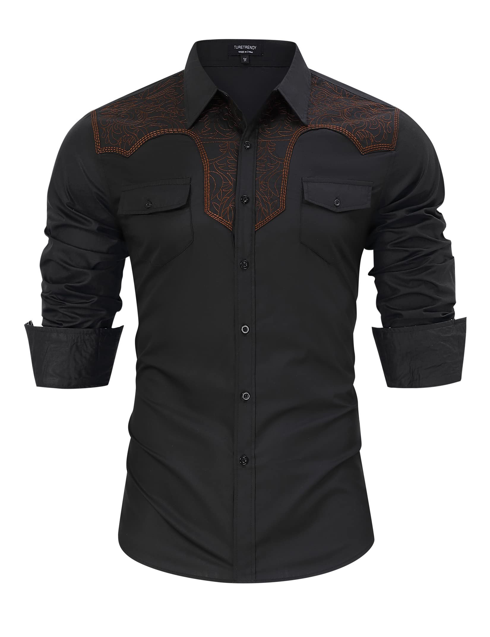 TURETRENDY Men's Western Cowboy Shirt Long Sleeve Embroidered Slim Fit ...