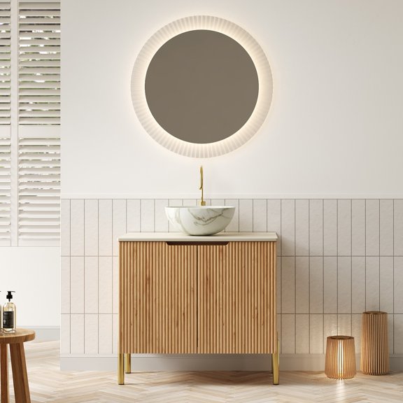 TURIO 30" Bathroom Vanity with Sink, Freestanding Plywood Bathroom Storage Cabinet with 2 Doors, White Bowl Basin with Stone Pattern and Roma Travertine Sintered Stone Counter Top, Woodgra