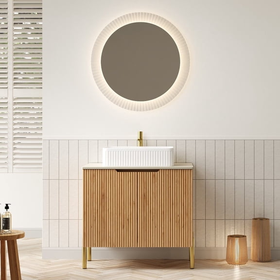 TURIO 30" Bathroom Vanity with Sink, Freestanding Plywood Bathroom Storage Cabinet with 2 Doors, White Rectangular Ceramic Basin and Roma Travertine-Pattern Sintered Stone Counter Top, Woodgrain Colo